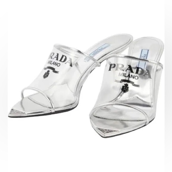 Prada Metallic silver leather logo print Pexiglas high heel slide sandals EU40.5 - Picture 3 of 15